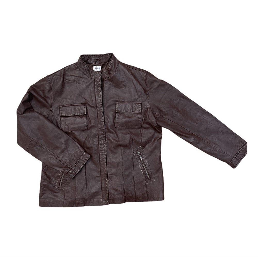Chico’s genuine leather brown moto jacket pockets